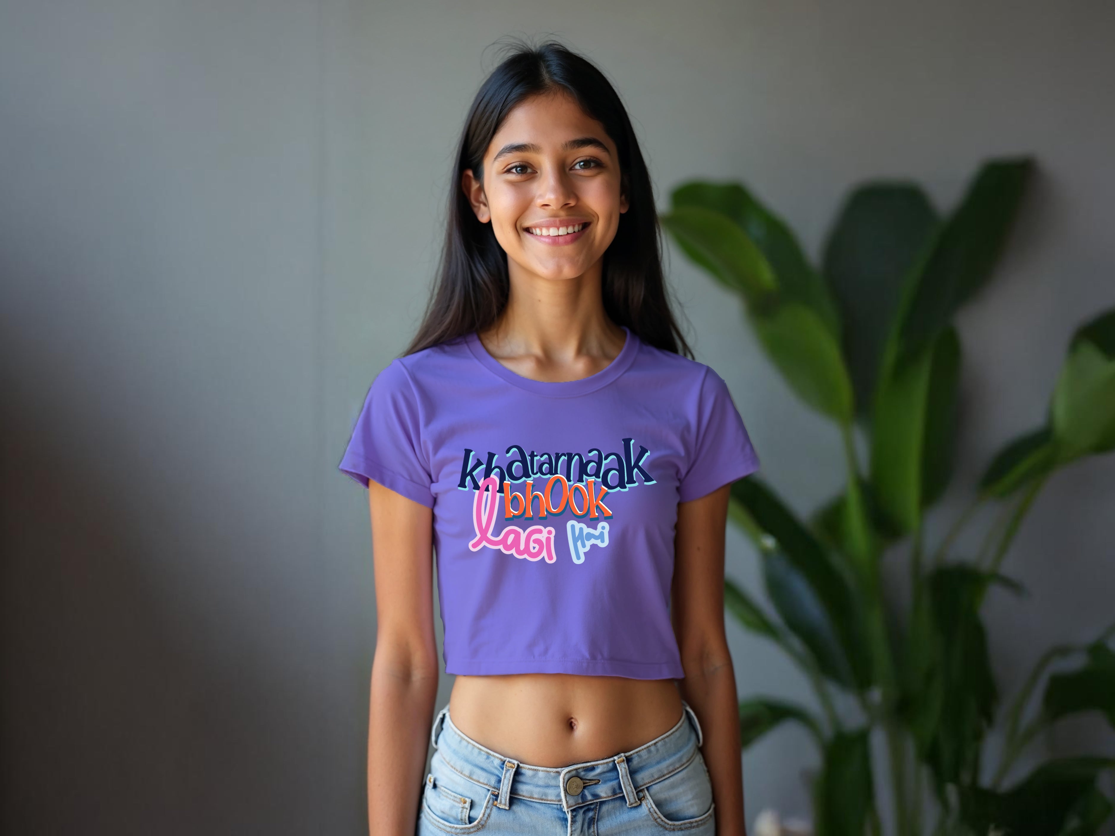 Lavender Teens Printed TMKOC Crop Top For Girl KHATARNAAK BHOOK LAGI HAI