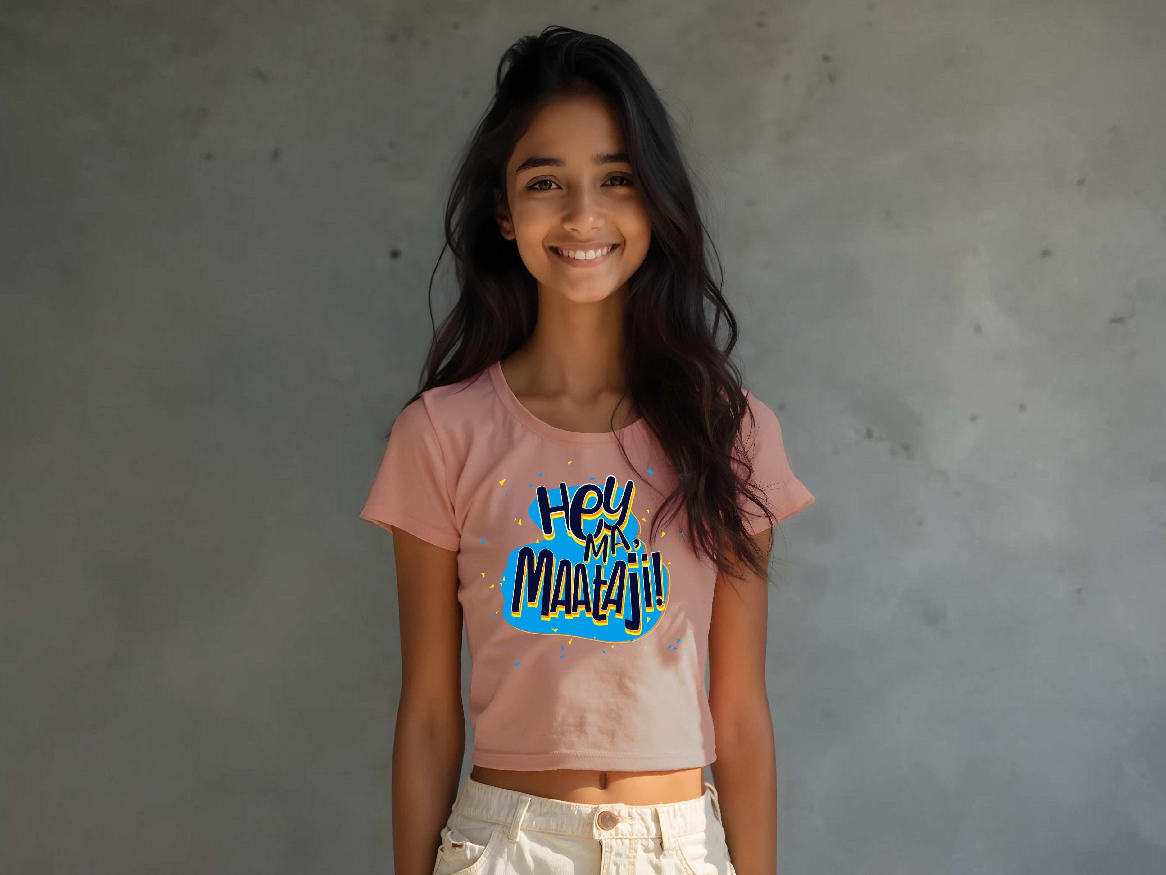 TMKOC Peach Printed Crop Top For Girls HEY MA MAATAJI