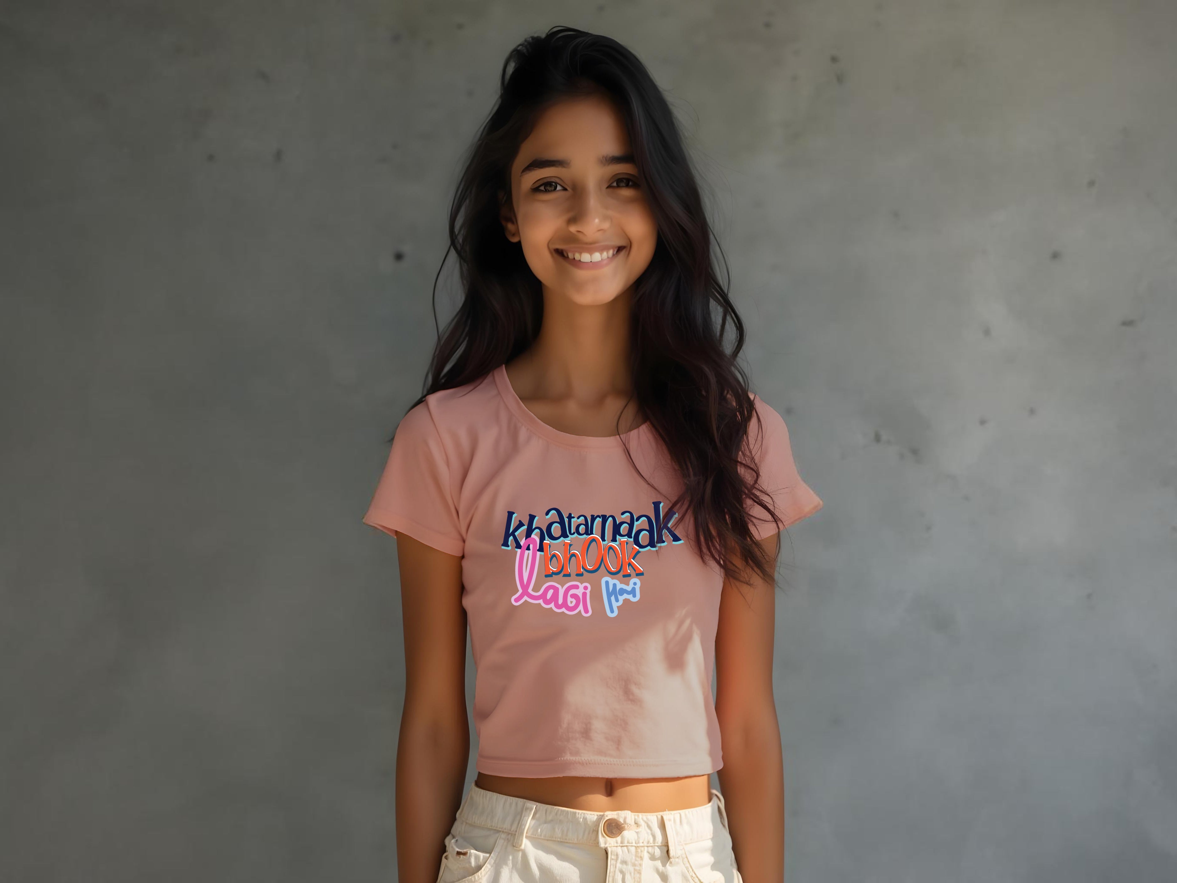 TMKOC Peach Printed Crop Top For Girls KHATARNAAK BHOOK LAGI HAI