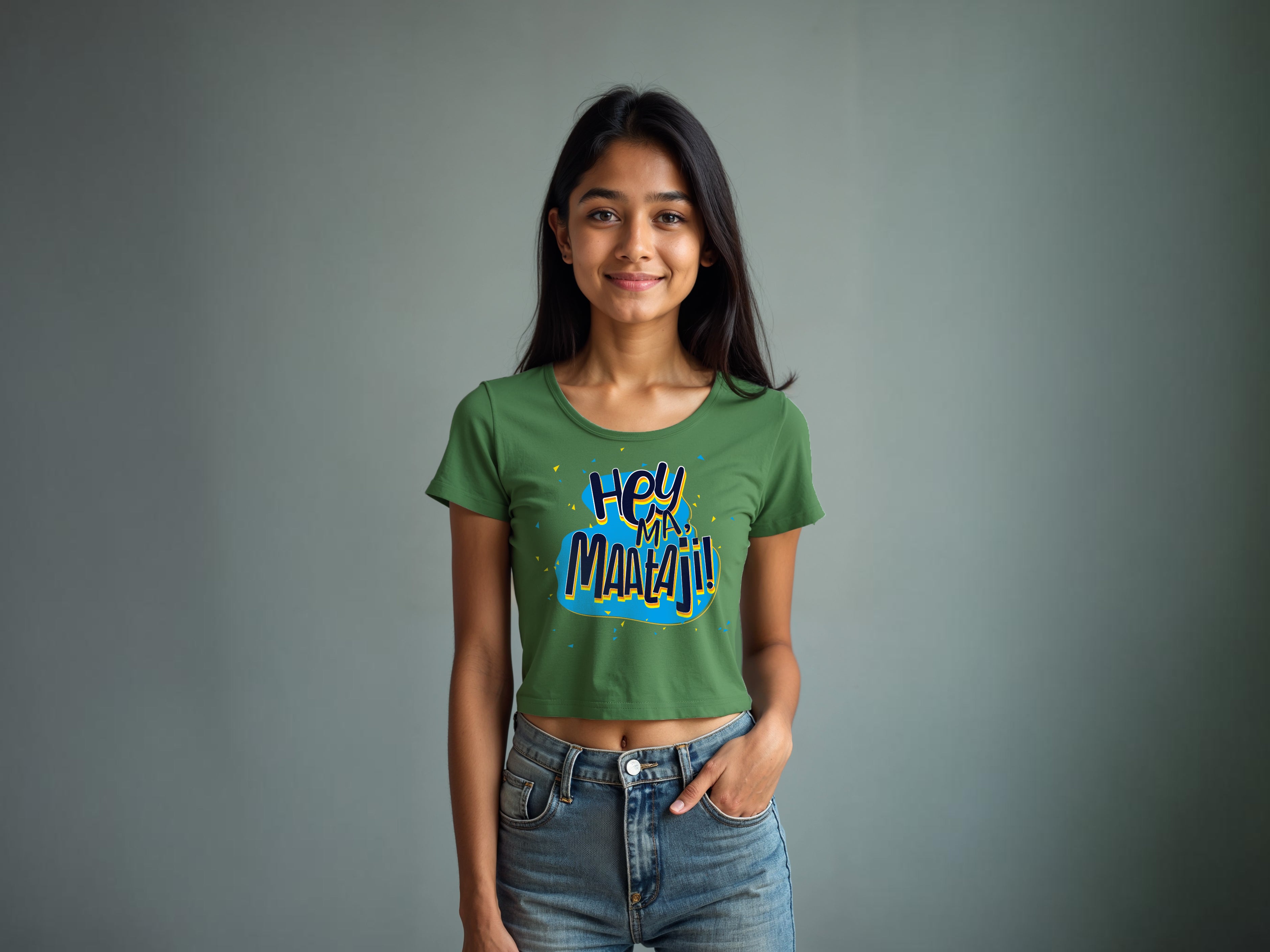 TMKOC Green Printed Crop Top For Girl HEY MA MAATAJI