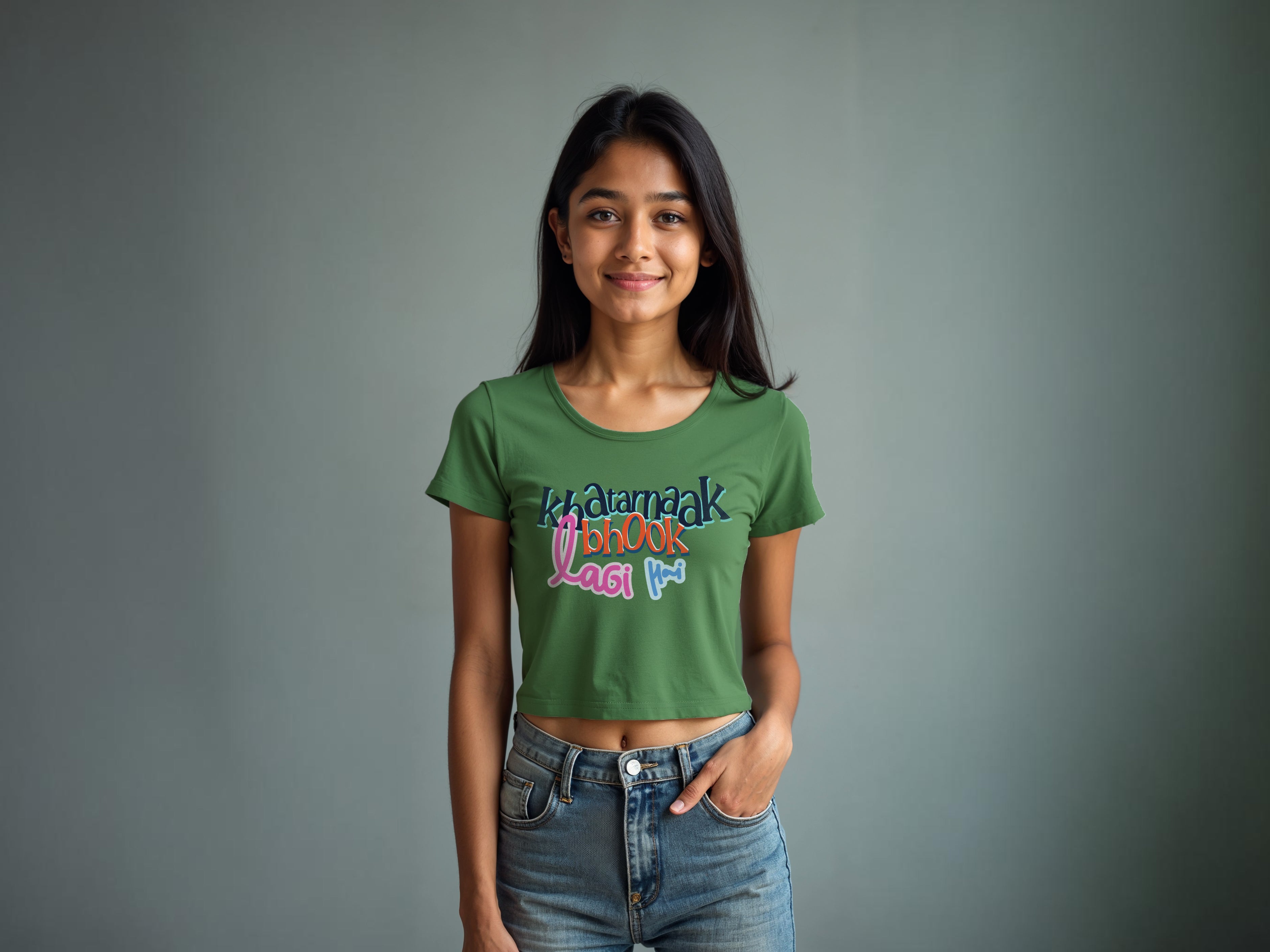 TMKOC Green Printed Crop Top For Girl KHATARNAAK BHOOK LAGI HAI