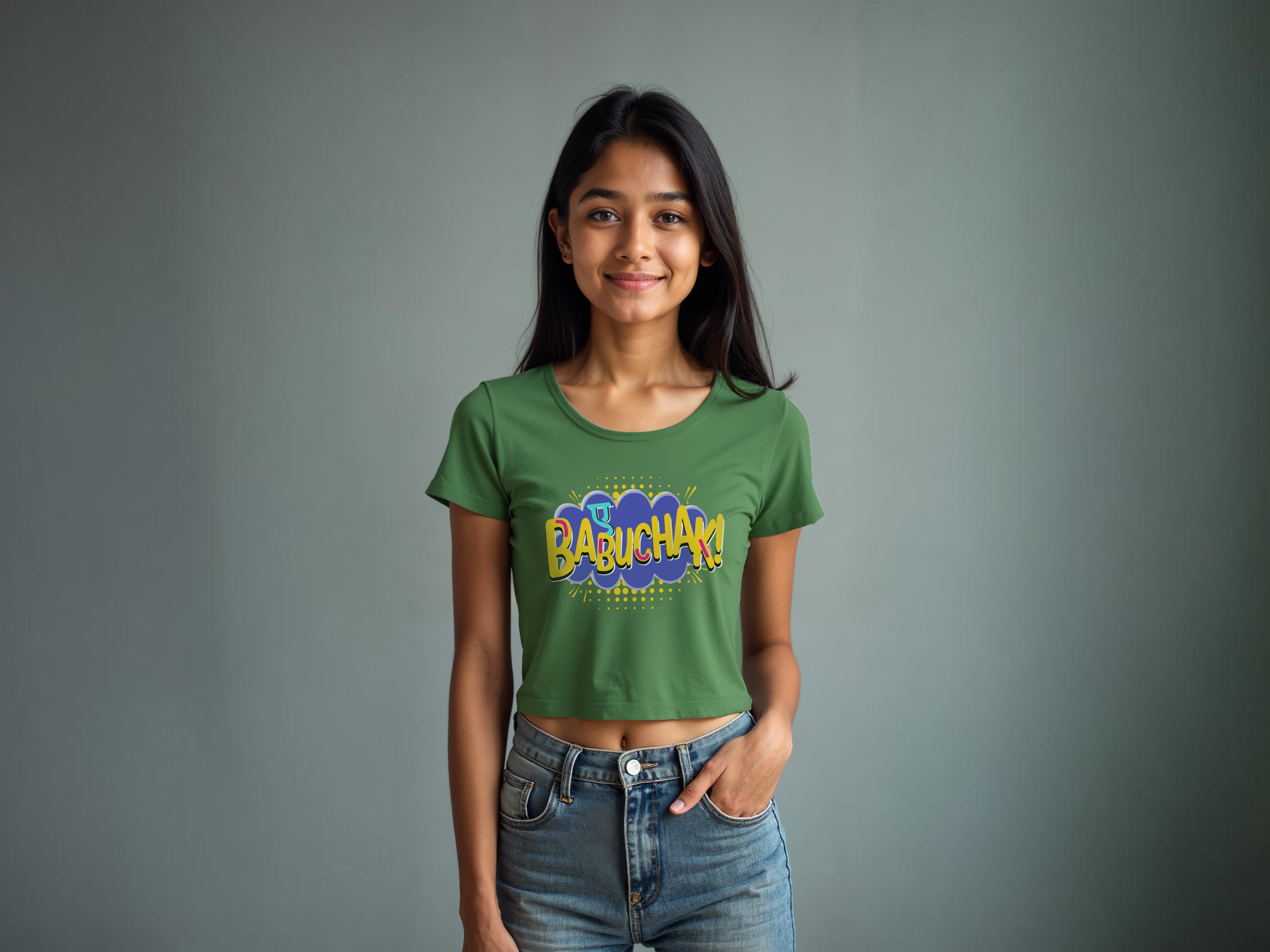 TMKOC Green Printed Crop Top For Girl AYE BABUCHAK