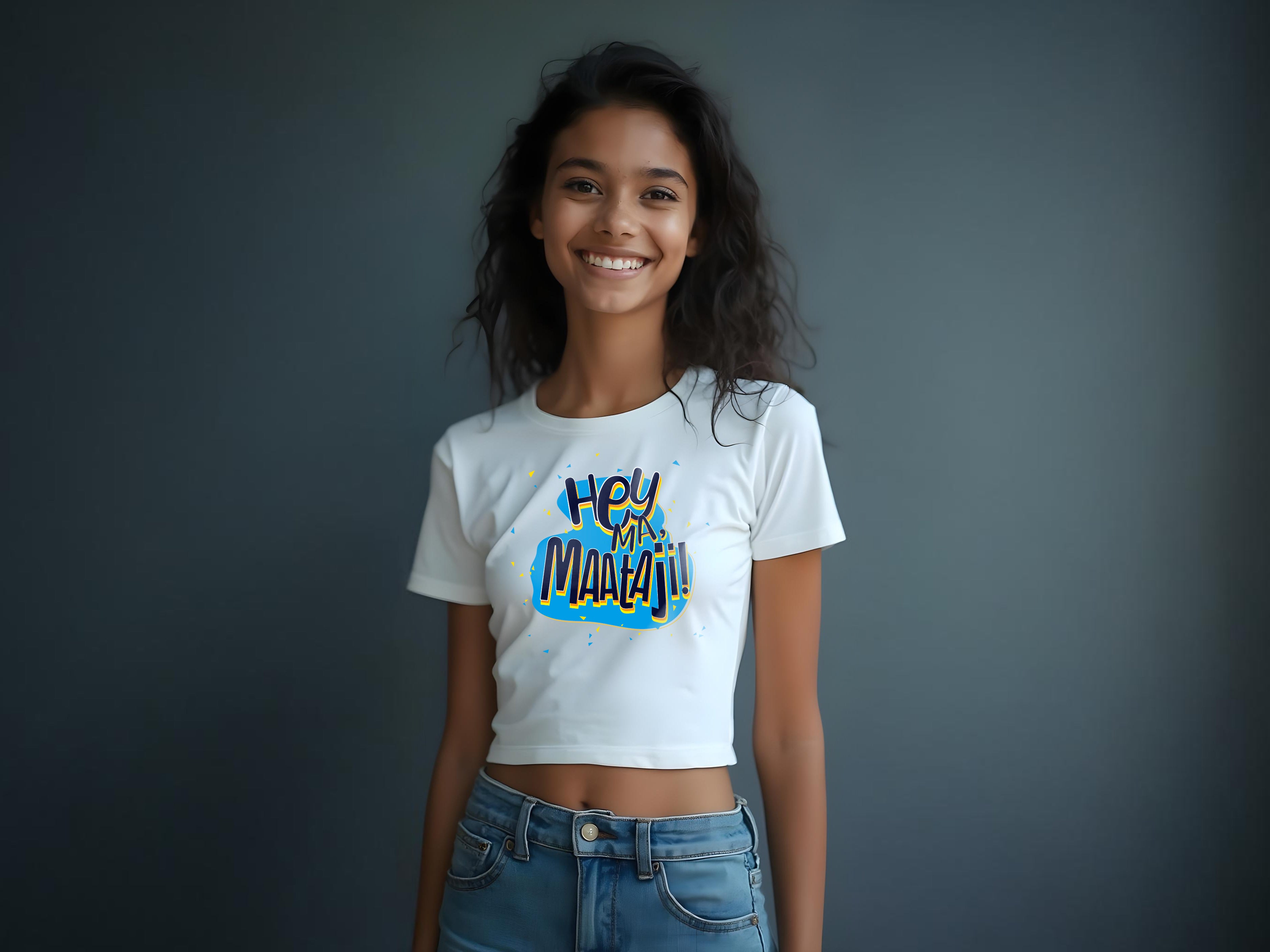 TMKOC White Printed Crop Top For Girls HEY MA MAATAJI