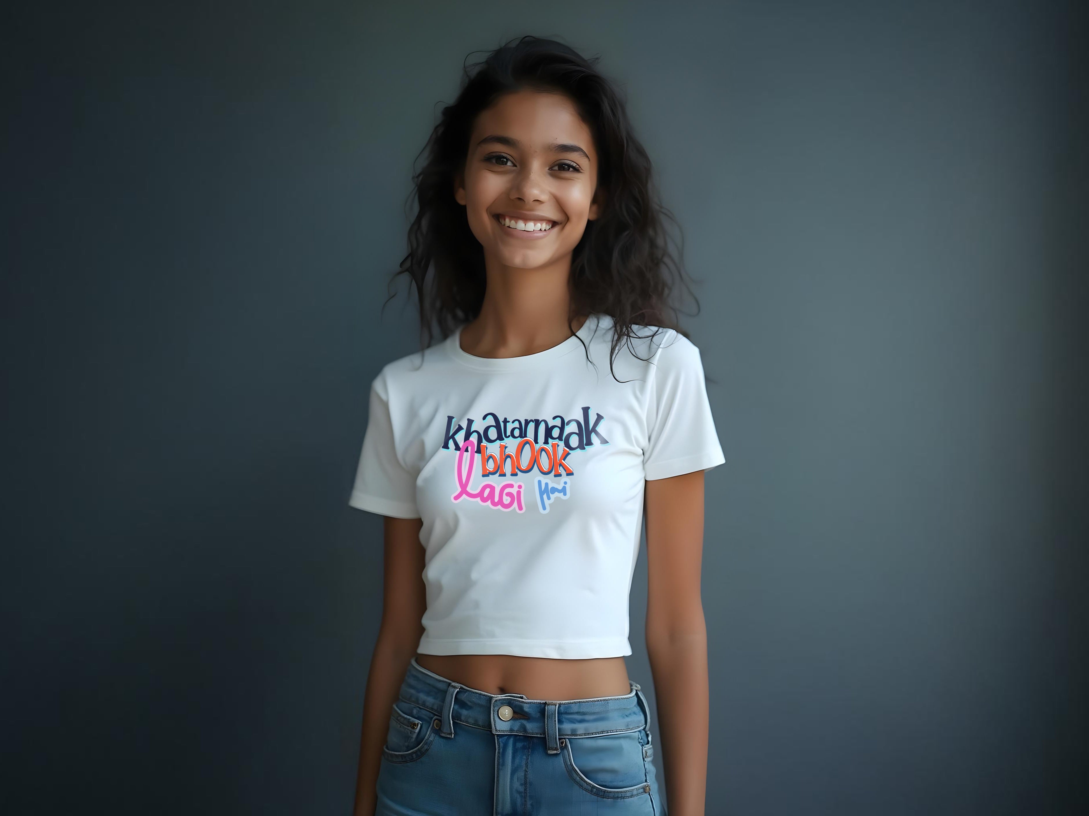 TMKOC White Printed Crop Top For Girls KHATARNAAK BHOOK LAGI HAI