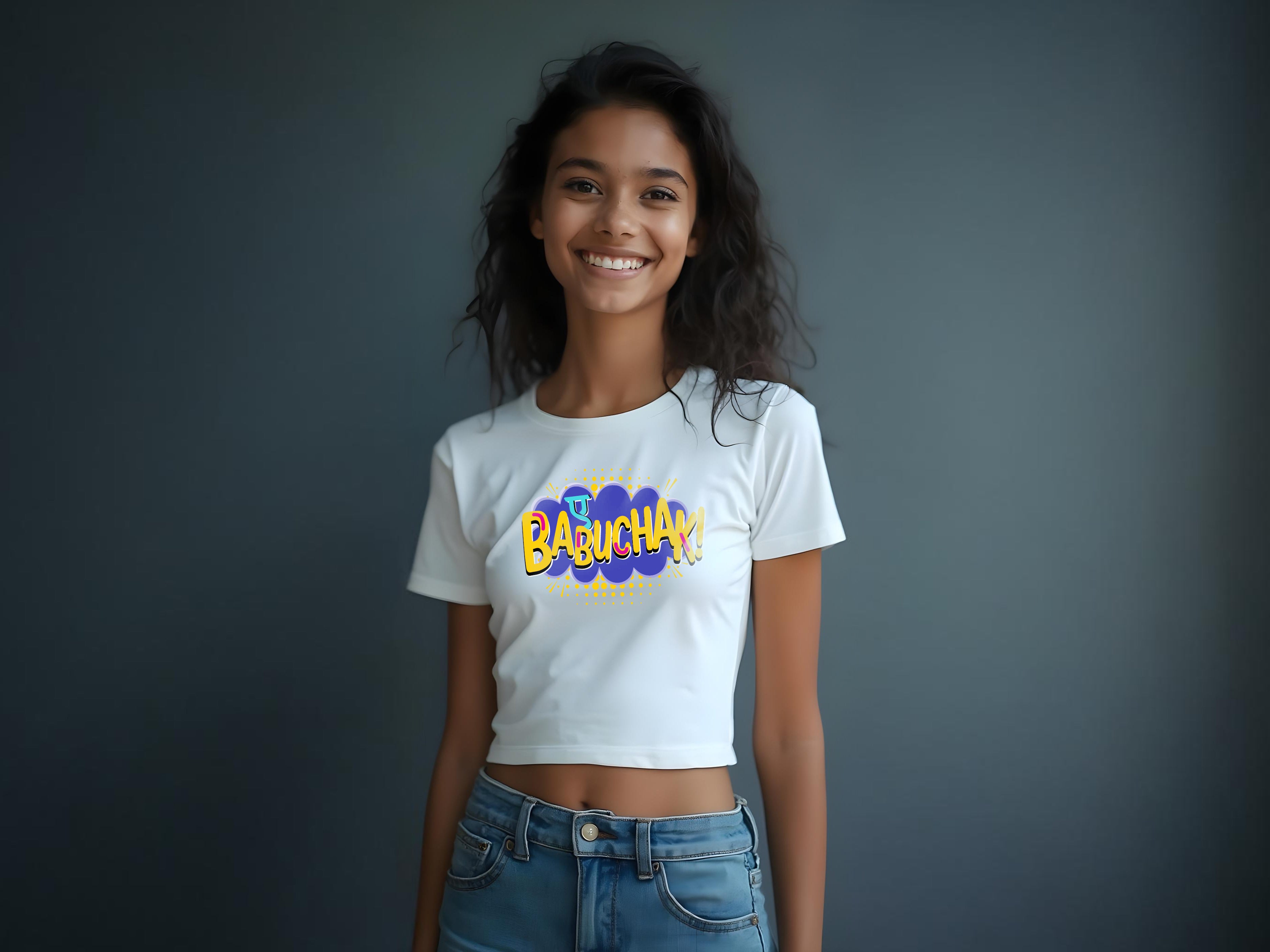 TMKOC White Printed Crop Top For Girls AYE BABUCHAK