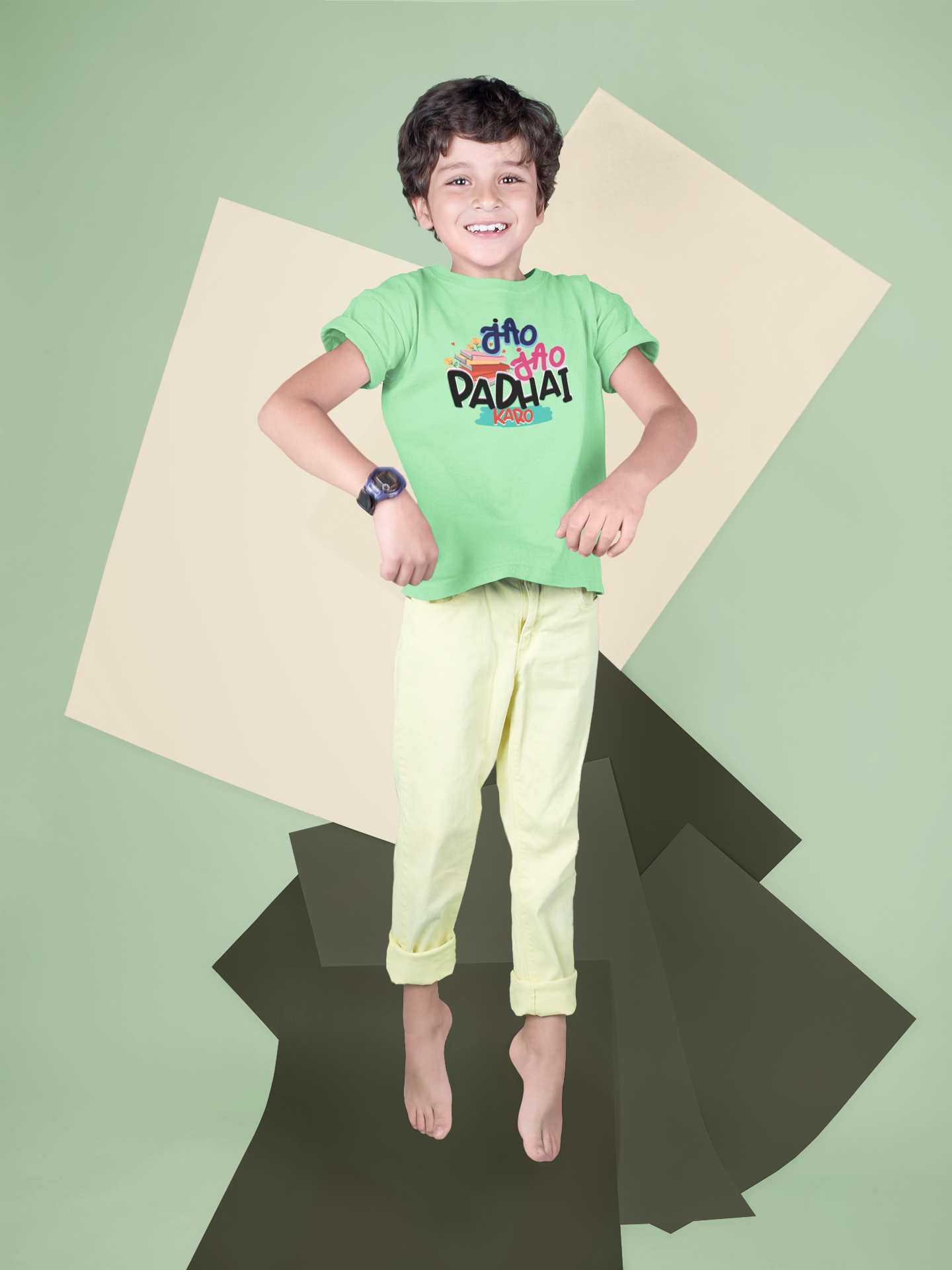 TMKOC Kids Pistal Green Color Regular Fit Printed T-Shirts JAO JAO PADHAI KARO